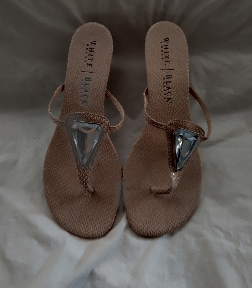 White House Black Market Tan Faux Snakeskin Gem-Accented Wedge Thong Sandals